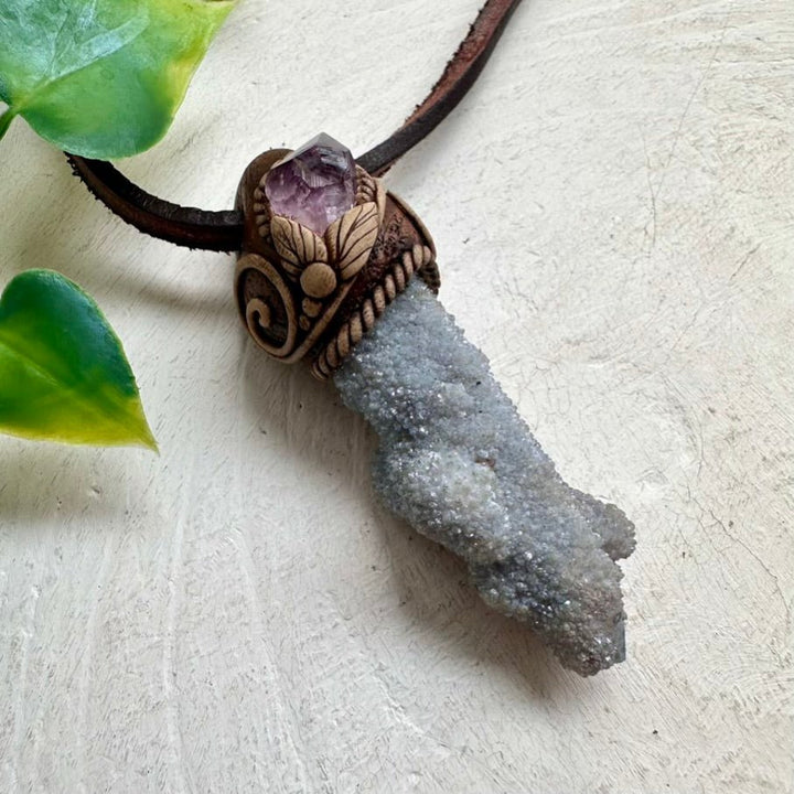Aqua Aura Spirit Quartz and Raw Amethyst Pendant Necklace - FairyGardenGlow