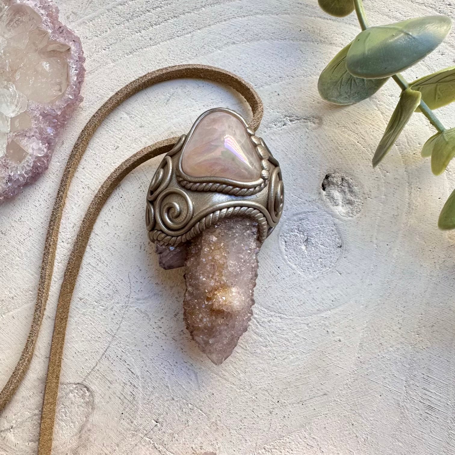 Handmade necklace with angel aura rose quartz and spirit quartz