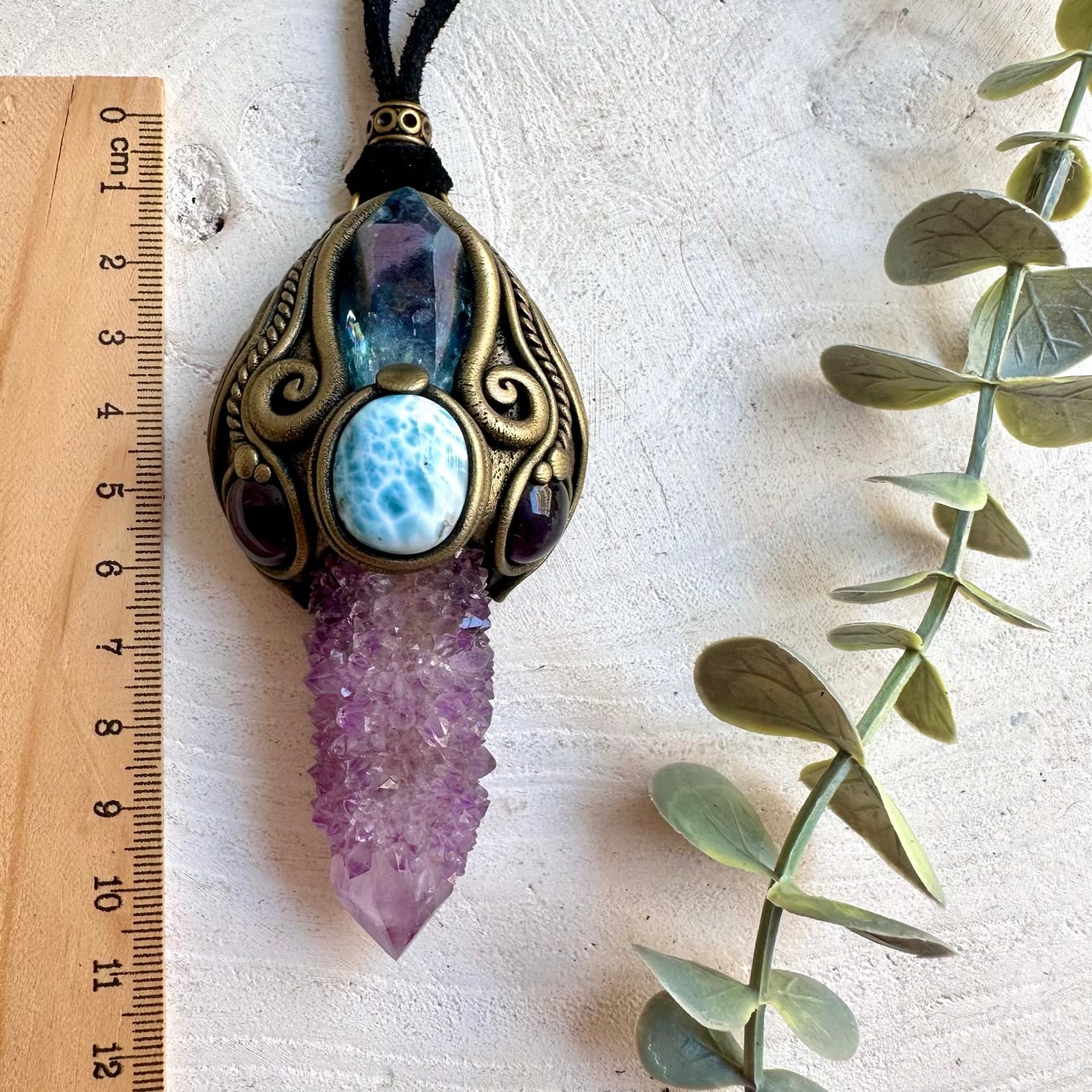 Handmade healing crystal wand pendant necklace with Spirit Quartz, Aqua Aura Quartz, Amethyst and Larimar.