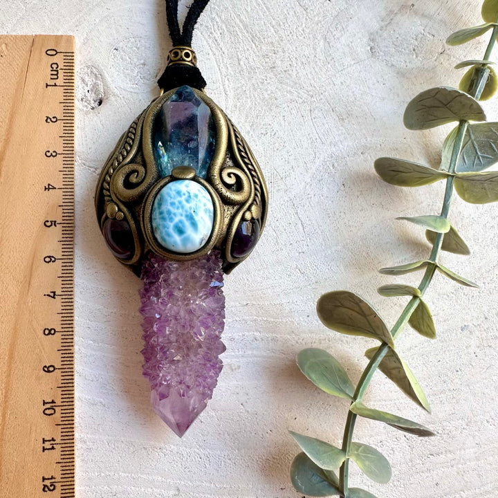 Handmade healing crystal wand pendant necklace with Spirit Quartz, Aqua Aura Quartz, Amethyst and Larimar.