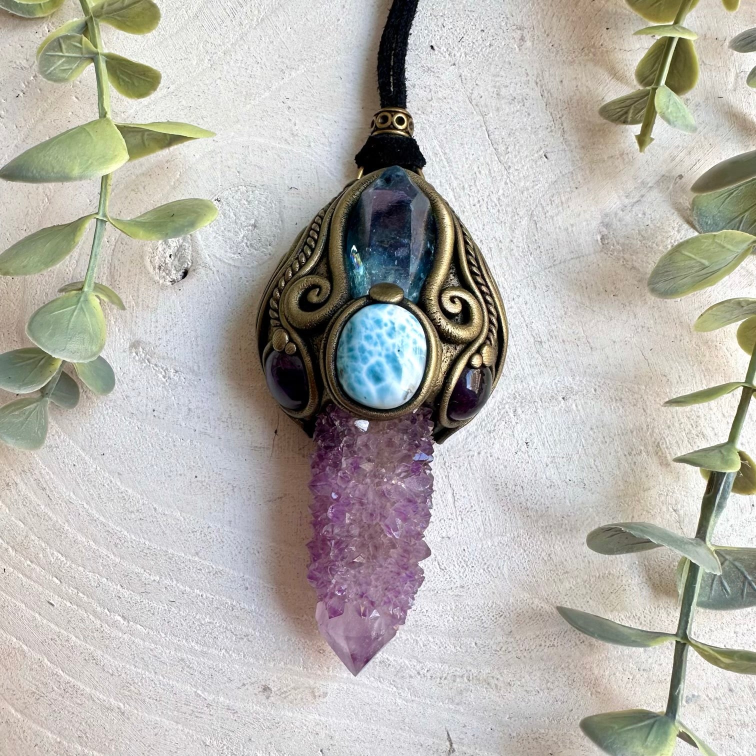 Spiritual crystal necklace - energy healing tool handcrafted with Spirit Quartz, Aqua Aura Quartz, Amethyst and Larimar.