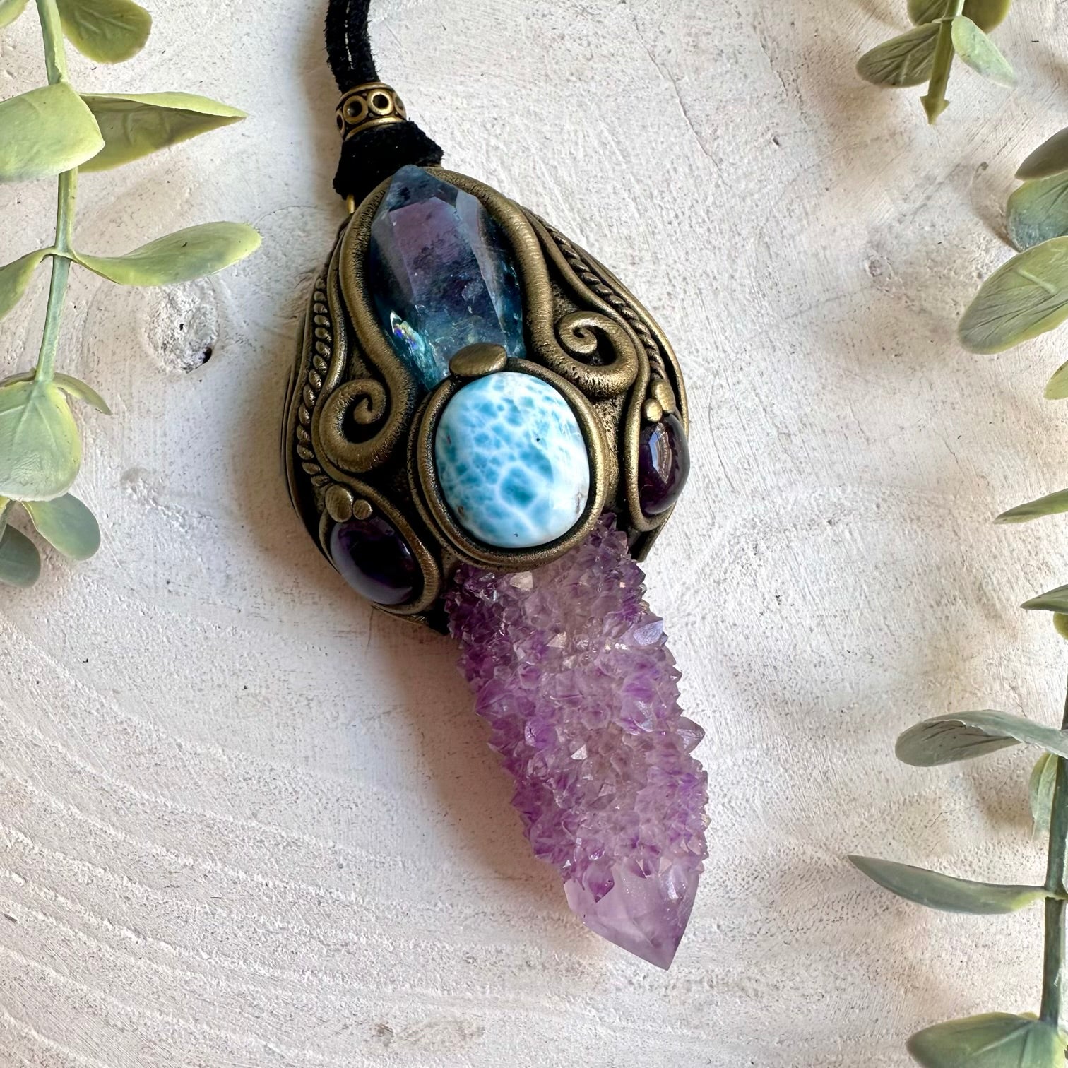 Handmade Spirit Quartz healing crystal wand and pendant necklace featuring Aqua Aura Quartz, Amethyst and Larimar.
