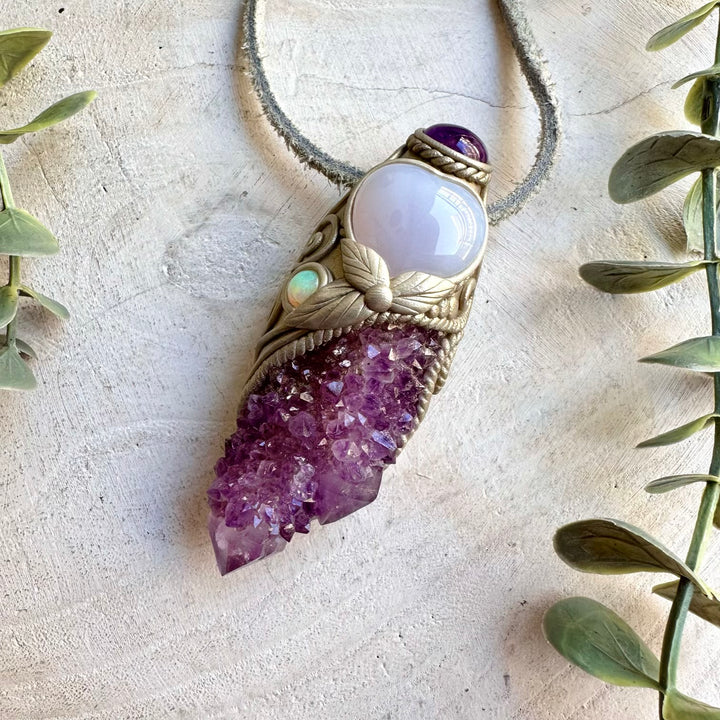 Spirit Quartz with Blue Chalcedony Heart, Amethyst and Ethiopian Opal crystal wand pendant necklace, handcrafted as a unique healing crystal tool.