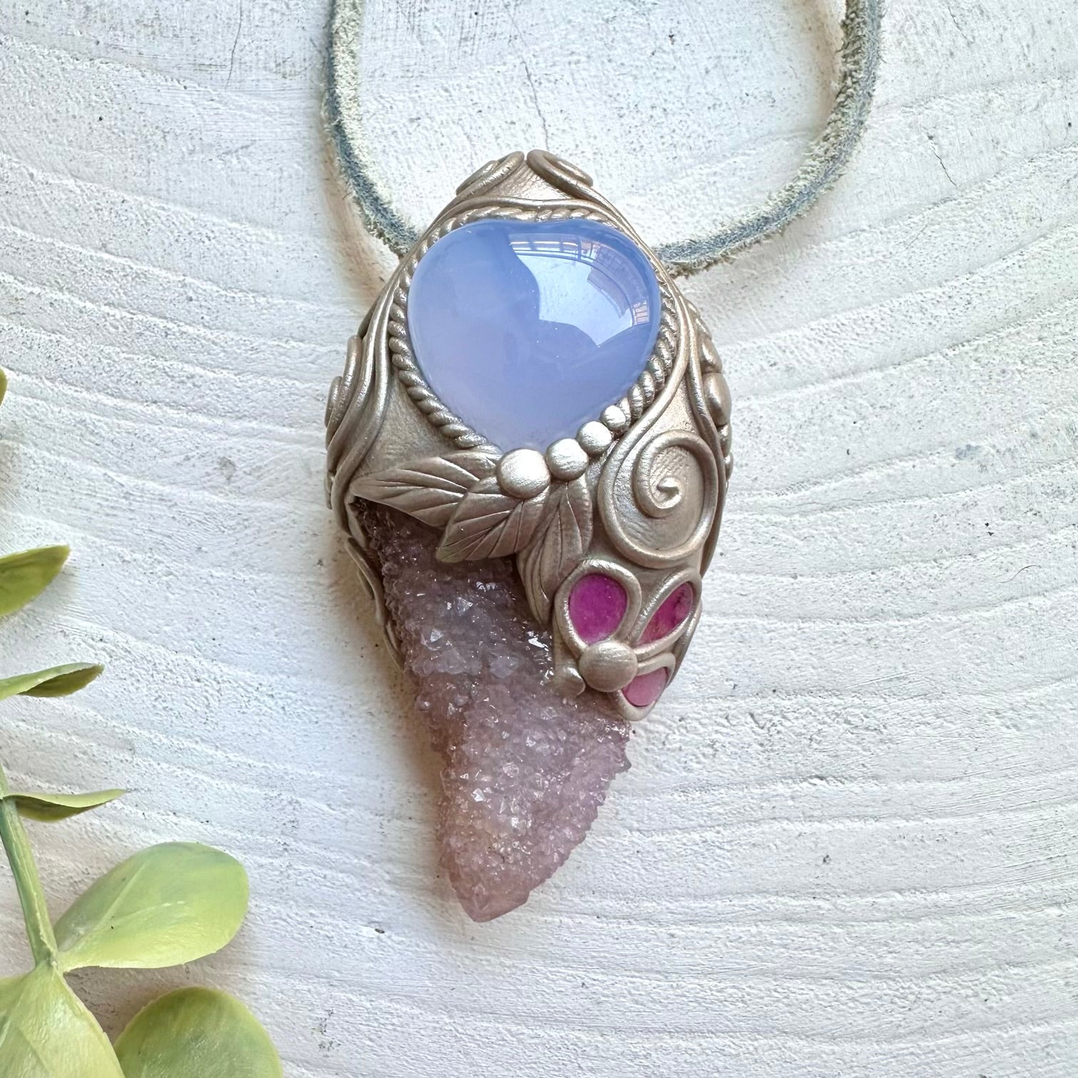 Spirit Quartz with Blue Chalcedony and Pink Tourmaline wand pendant necklace