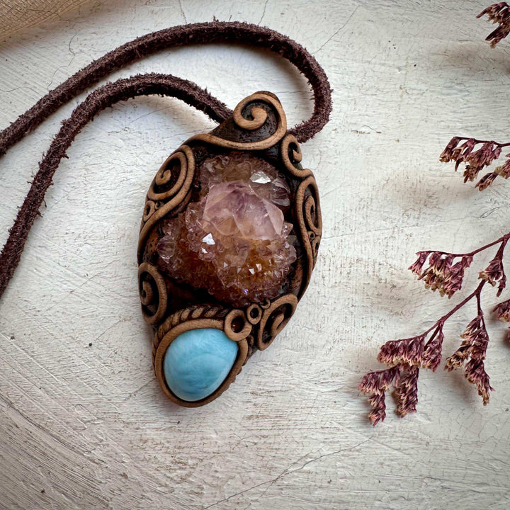 Spirit Quartz Cluster and Larimar Necklace - FairyGardenGlow