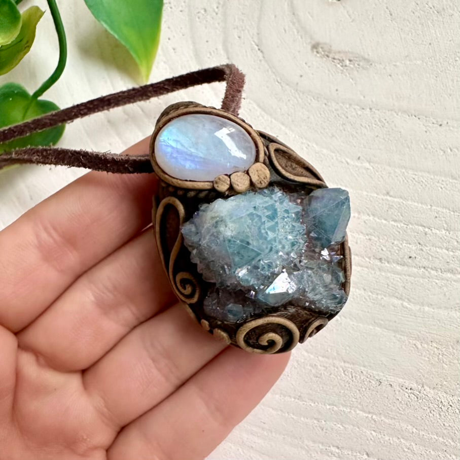 Handcrafted necklace with Aqua Aura Spirit Quartz and Rainbow Moonstone