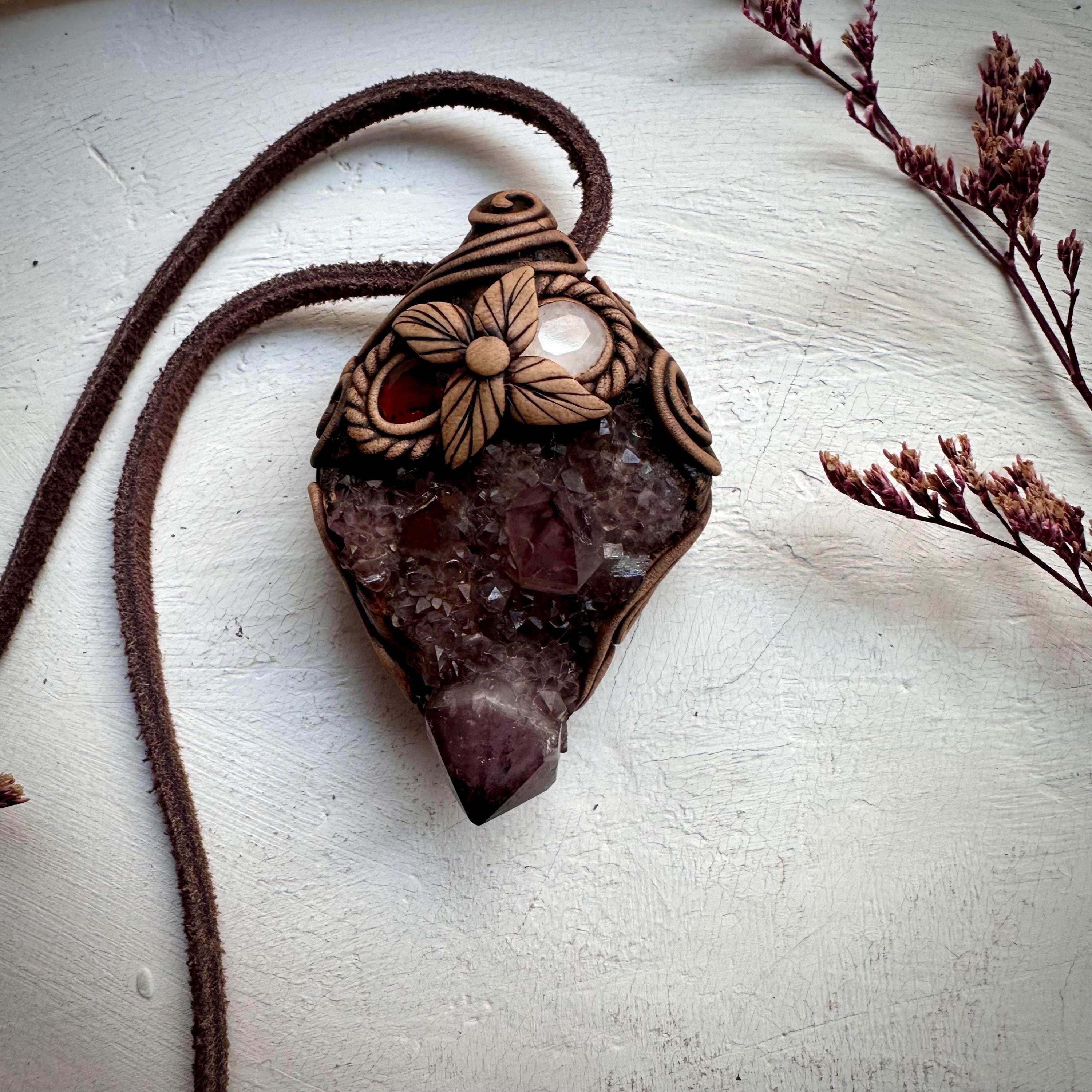 Spirit Quartz Cluster Red Garnet and Rose Quartz Pendant Necklace - FairyGardenGlow