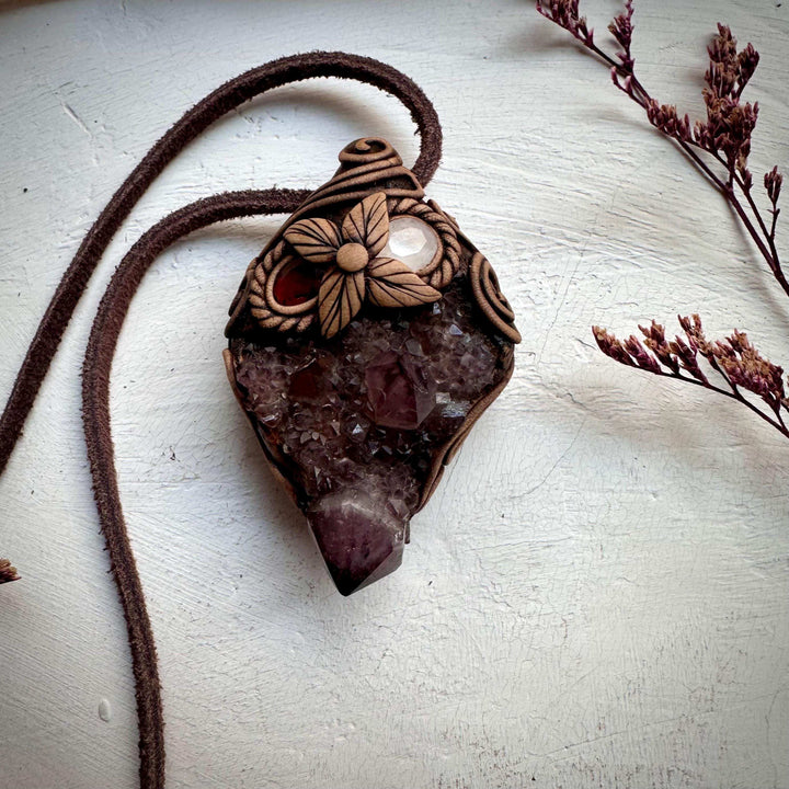 Spirit Quartz Cluster Red Garnet and Rose Quartz Pendant Necklace - FairyGardenGlow
