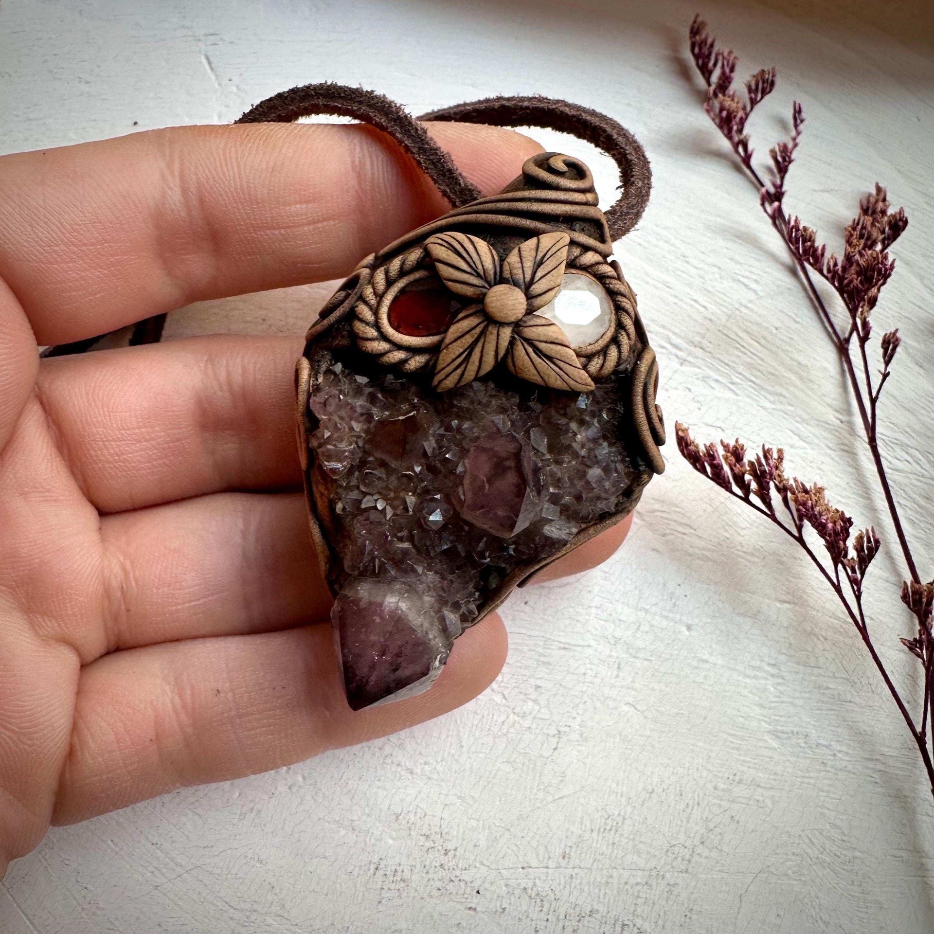 Spirit Quartz Cluster Red Garnet and Rose Quartz Pendant Necklace - FairyGardenGlow