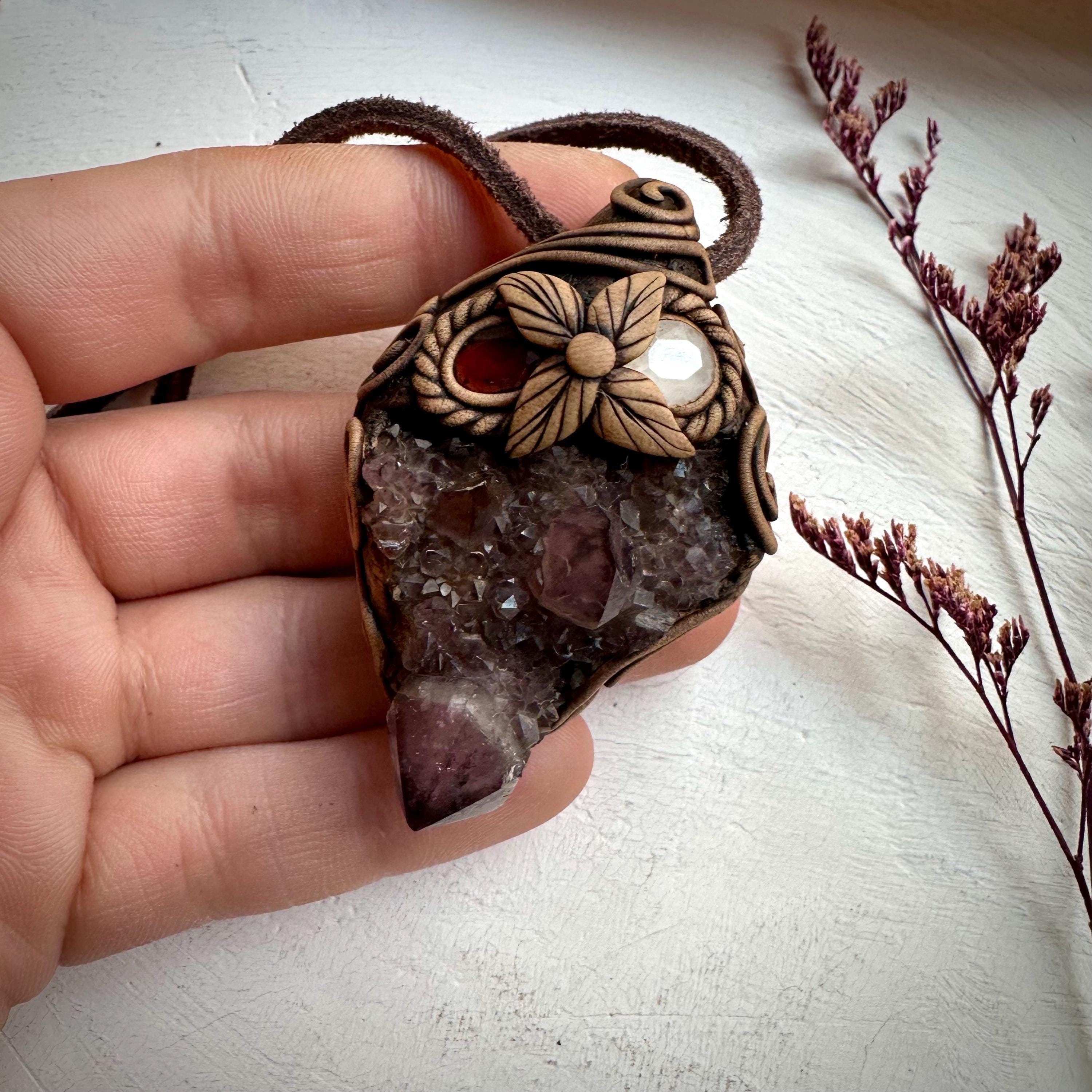 Spirit Quartz Cluster Red Garnet and Rose Quartz Pendant Necklace - FairyGardenGlow