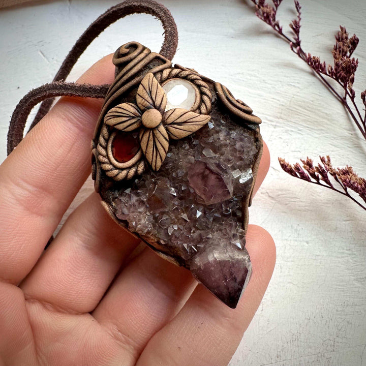 Spirit Quartz Cluster Red Garnet and Rose Quartz Pendant Necklace - FairyGardenGlow