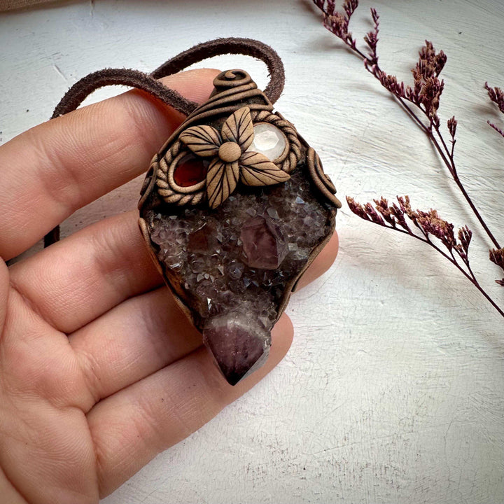 Spirit Quartz Cluster Red Garnet and Rose Quartz Pendant Necklace - FairyGardenGlow