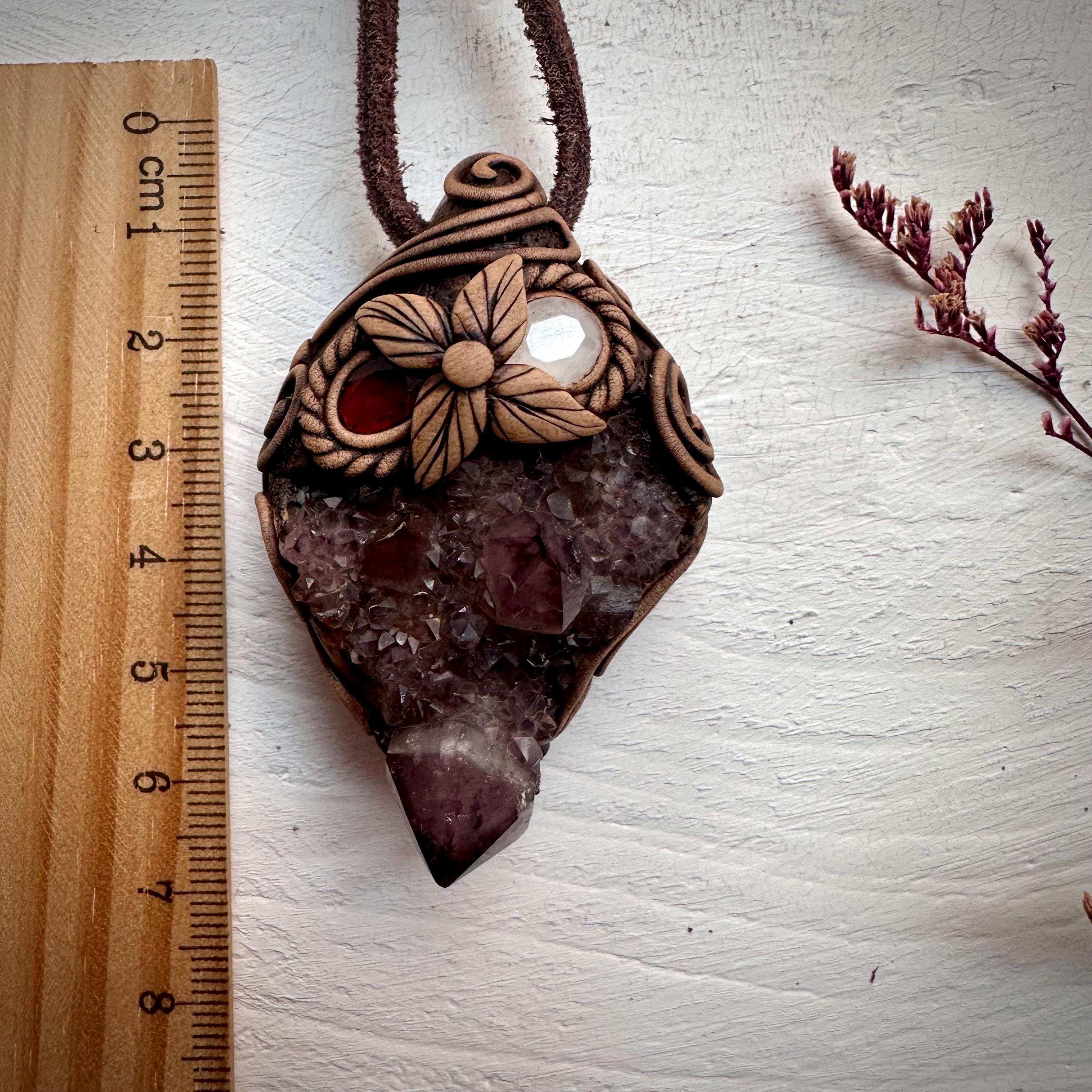 Spirit Quartz Cluster Red Garnet and Rose Quartz Pendant Necklace - FairyGardenGlow