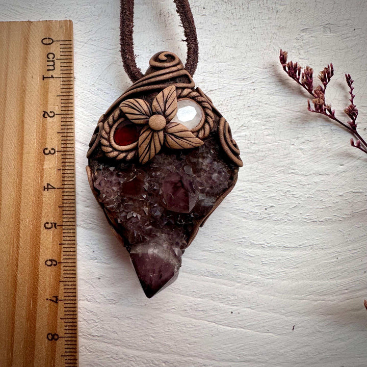 Spirit Quartz Cluster Red Garnet and Rose Quartz Pendant Necklace - FairyGardenGlow