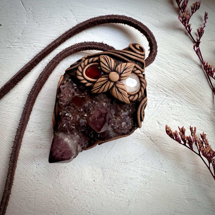 Spirit Quartz Cluster Red Garnet and Rose Quartz Pendant Necklace - FairyGardenGlow