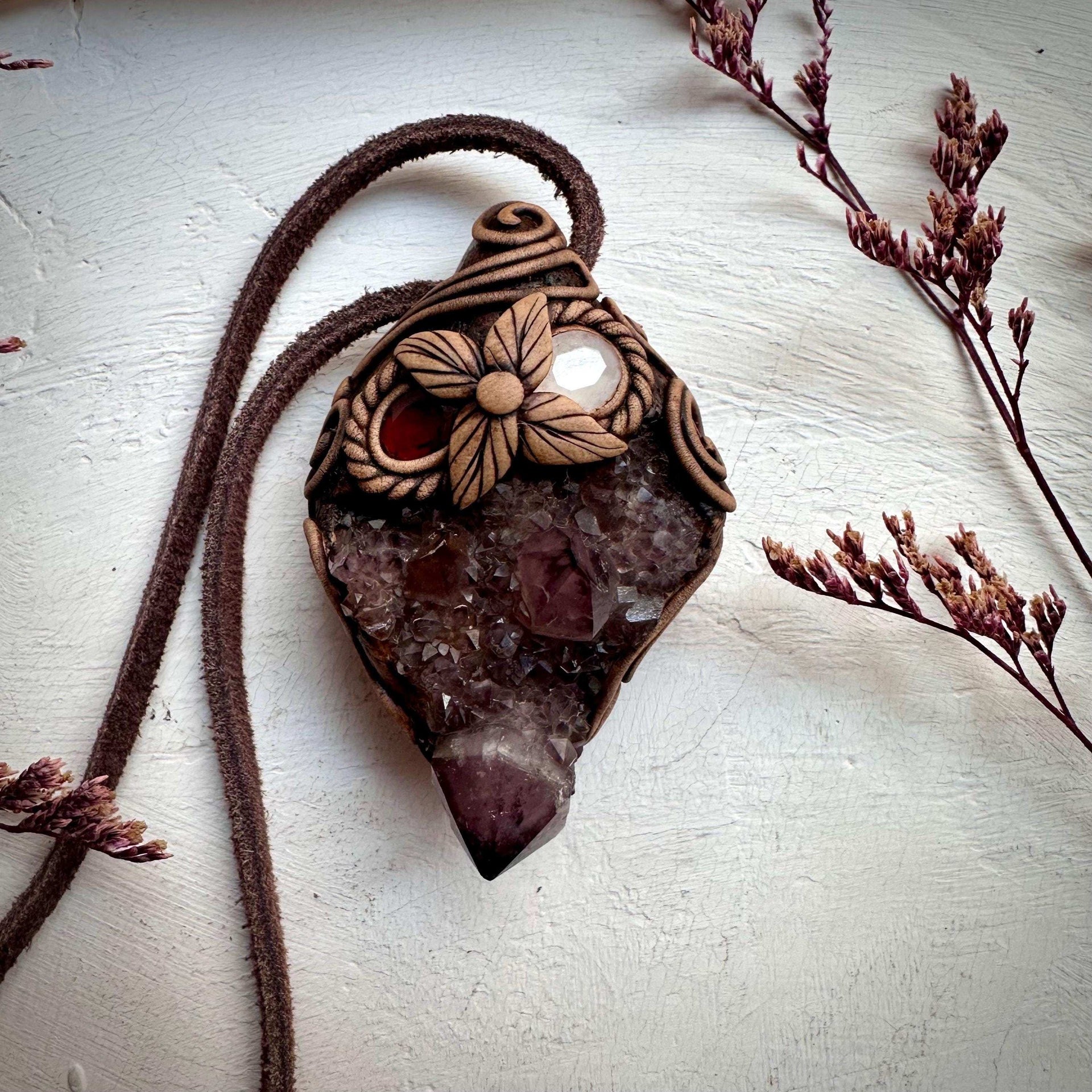 Spirit Quartz Cluster Red Garnet and Rose Quartz Pendant Necklace - FairyGardenGlow