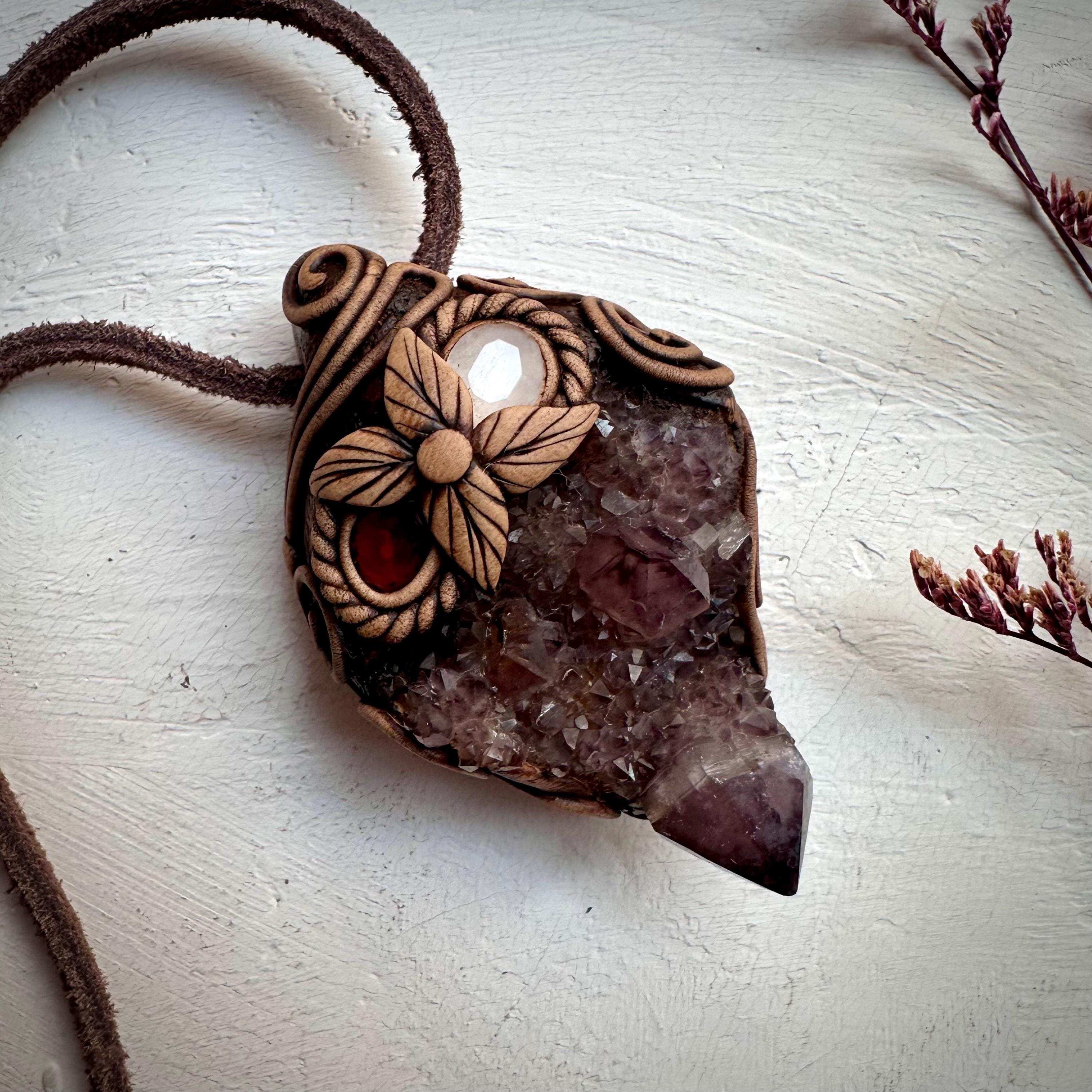 Spirit Quartz Cluster Red Garnet and Rose Quartz Pendant Necklace - FairyGardenGlow
