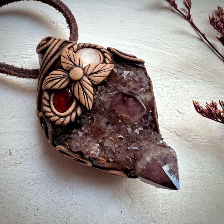Spirit Quartz Cluster Red Garnet and Rose Quartz Pendant Necklace - FairyGardenGlow