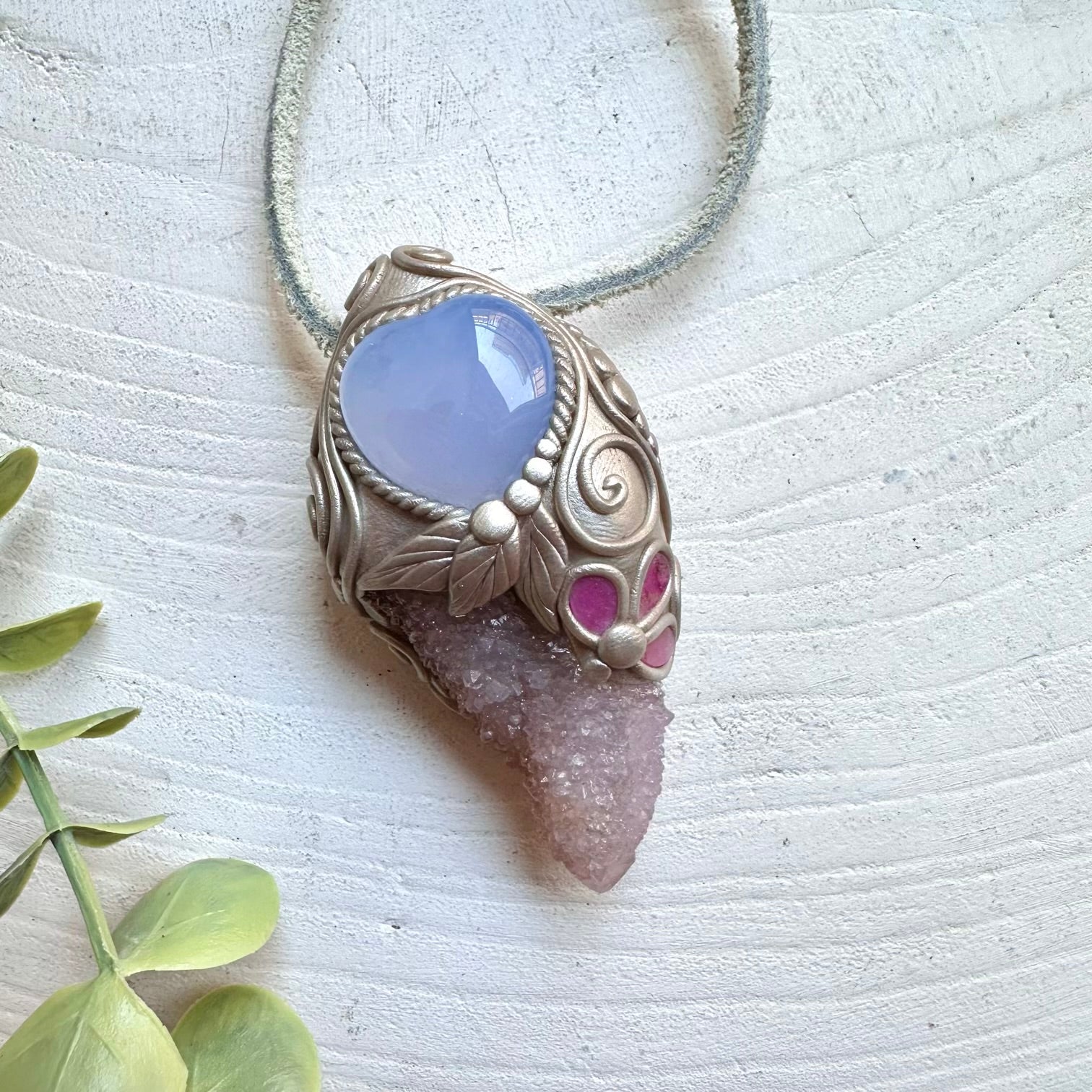 Crystal talisman wand necklace with spirit quartz blue chalcedony and pink tourmaline