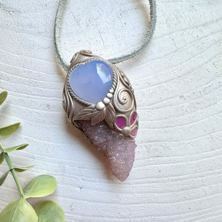 Crystal talisman wand necklace with spirit quartz blue chalcedony and pink tourmaline