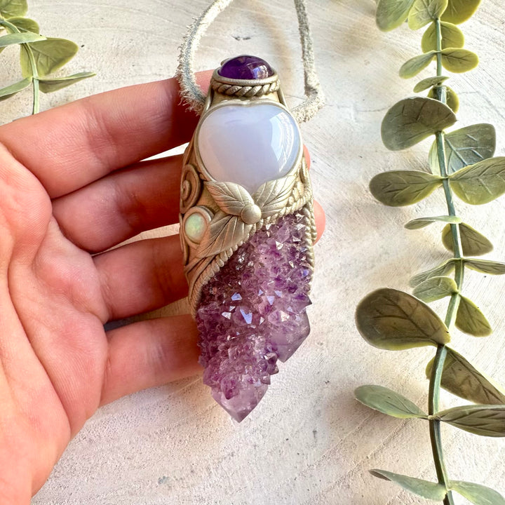 Handmade spiritual jewelry combining Spirit Quartz, Amethyst, Ethiopian Opal and Blue Chalcedony.