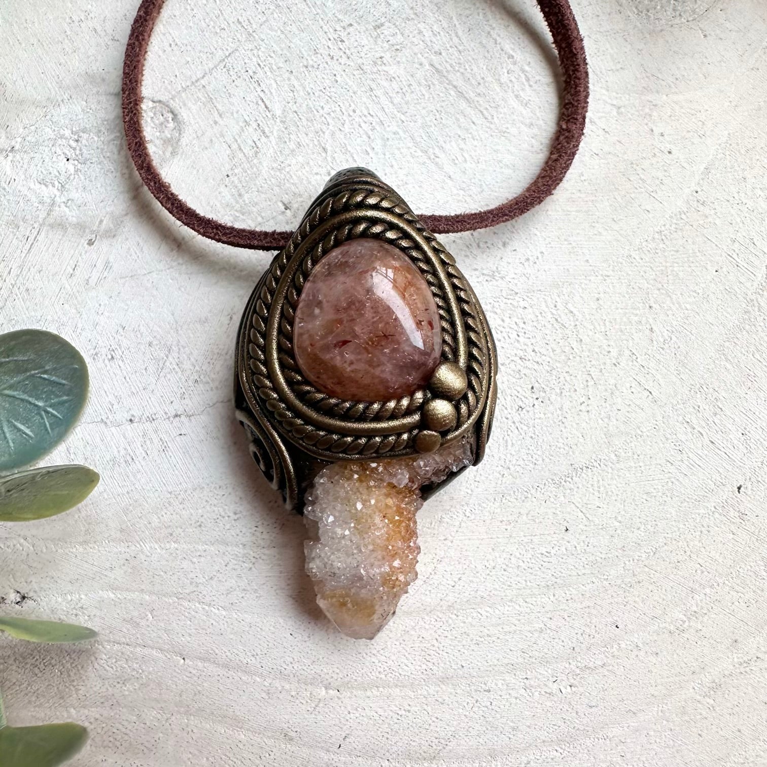 Handmade Spirit Quartz and Hematite Quartz necklace with healing crystal pendant for grounding and spiritual protection.