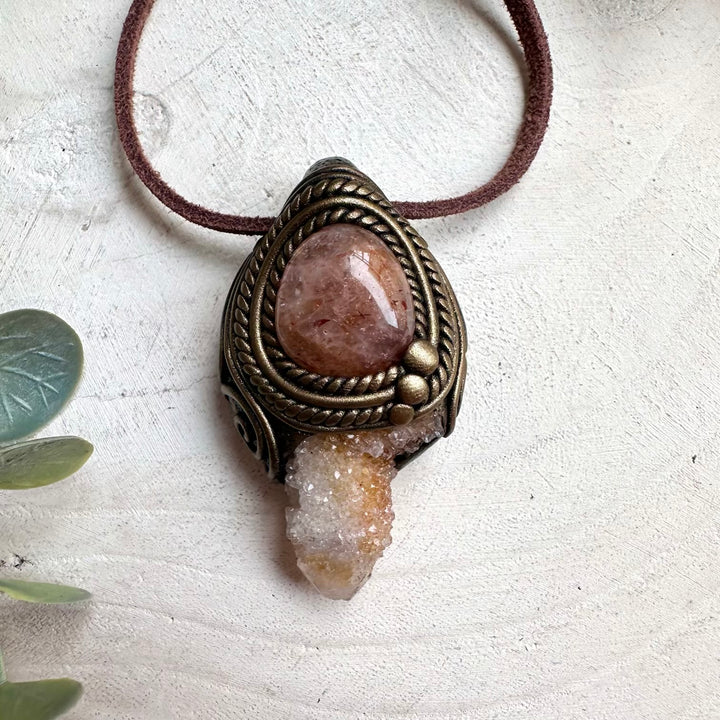 Handmade Spirit Quartz and Hematite Quartz necklace with healing crystal pendant for grounding and spiritual protection.