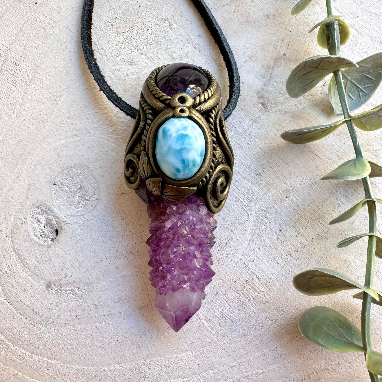 Handmade Spirit Quartz healing crystal talisman pendant necklace featuring Larimar and Amethyst. A one of a kind spiritual jewelry piece combining sparkling crystal formations with soft blue and purple gemstones, inspired by inner peace, intuition, spiritual growth and emotional balance.