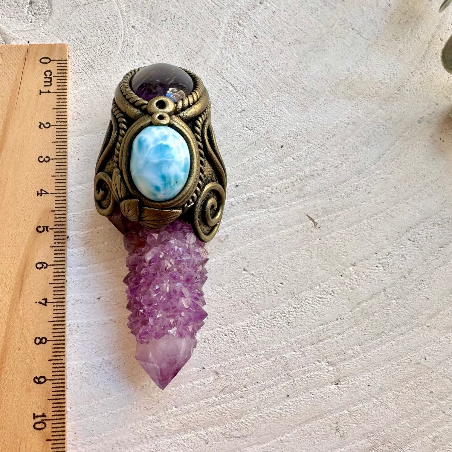 Handmade healing crystal talisman necklace featuring Spirit Quartz, Larimar and Amethyst.