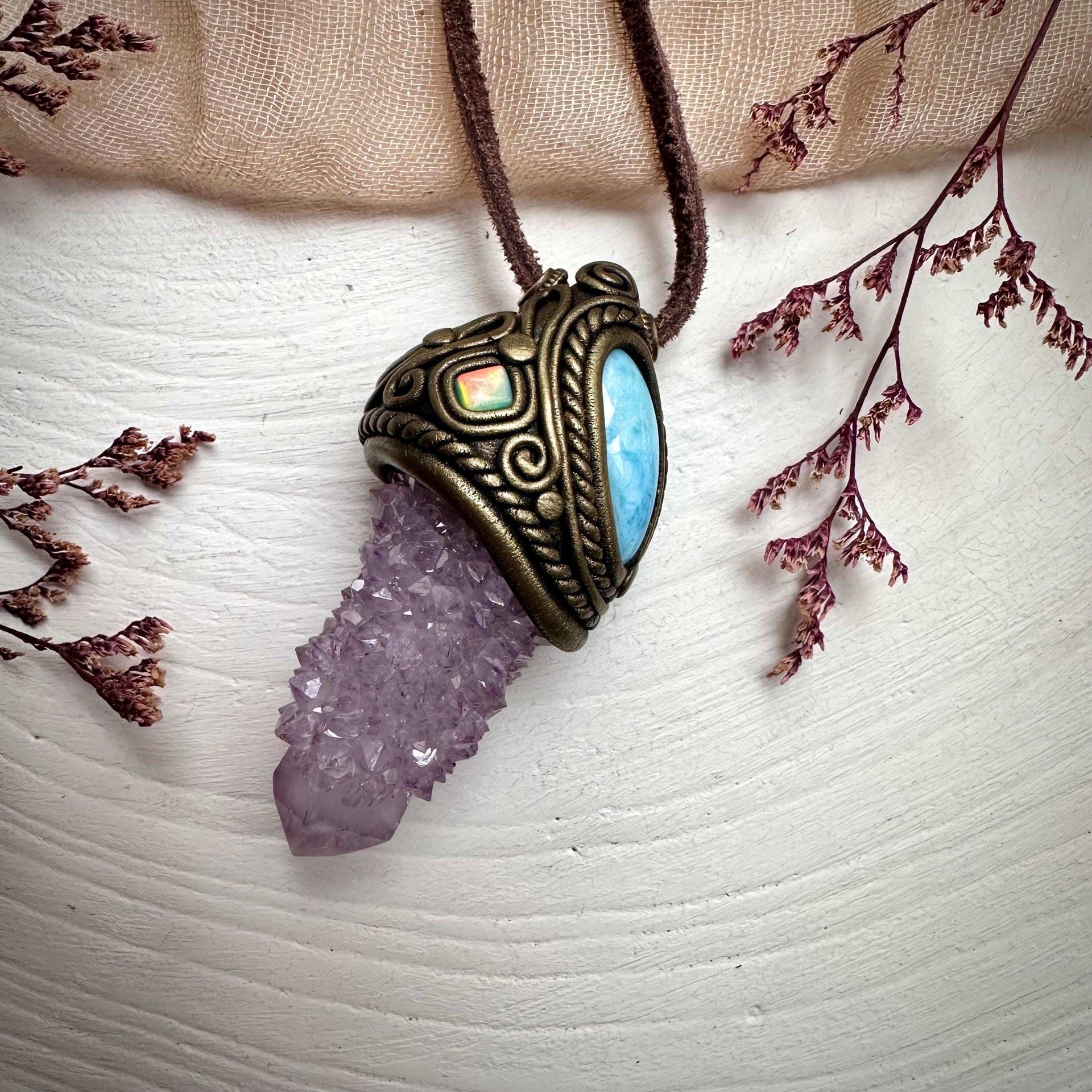 Spirit Quartz Larimar and Australian Opal Necklace - FairyGardenGlow