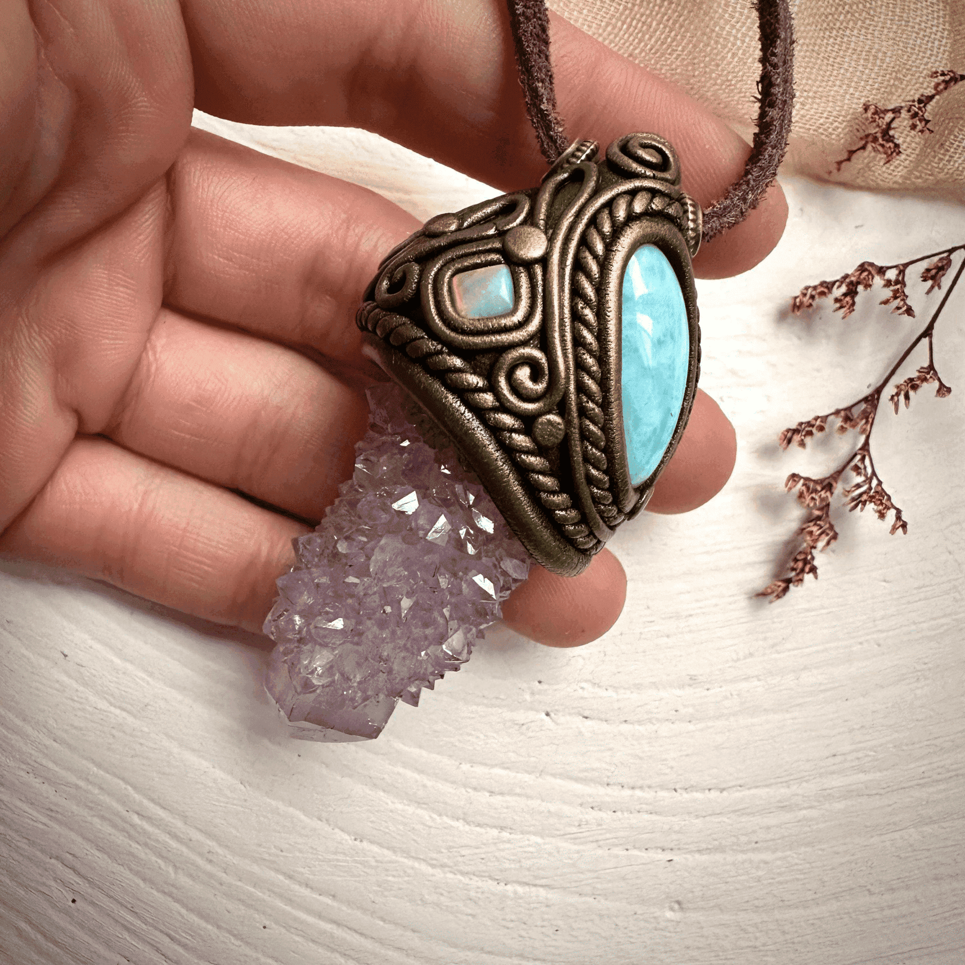 Spirit Quartz Larimar and Australian Opal Necklace - FairyGardenGlow