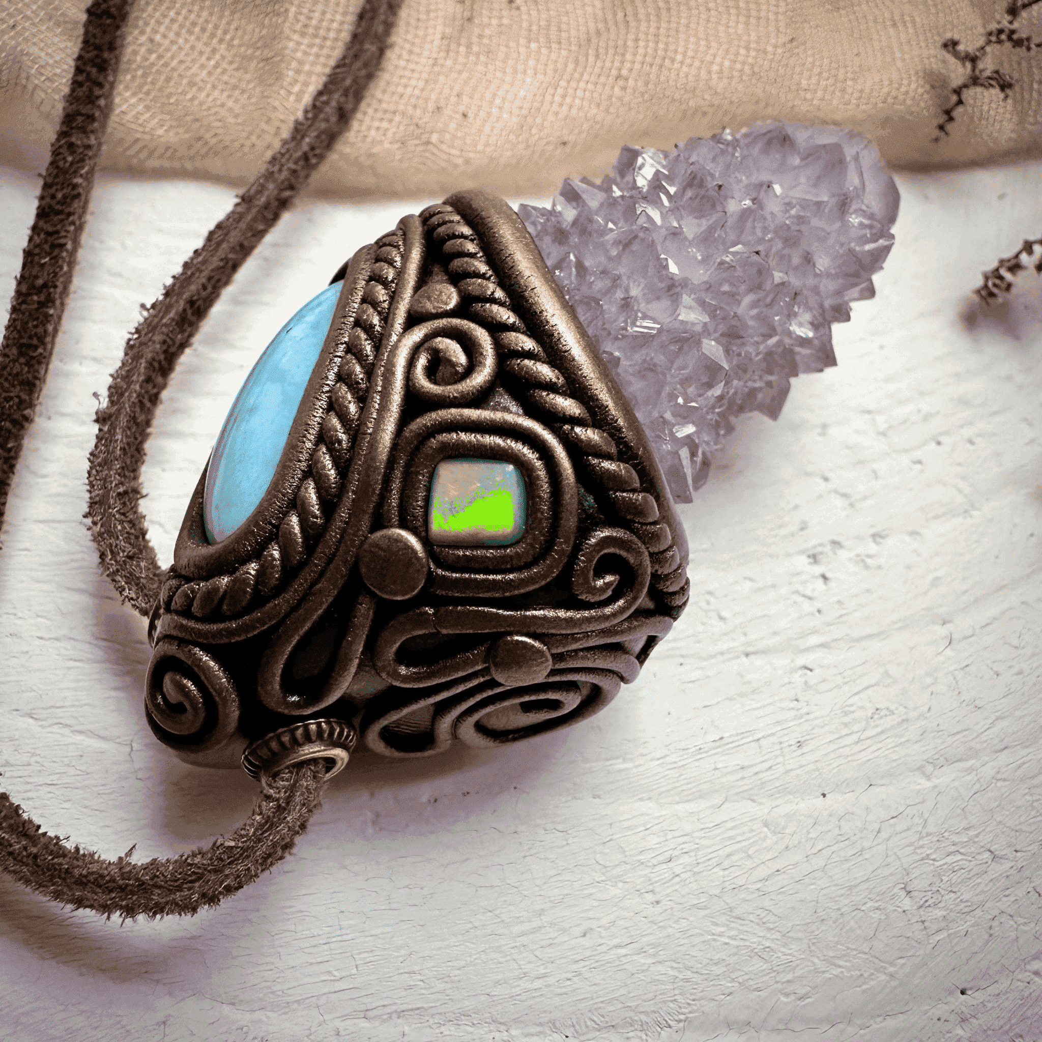 Spirit Quartz Larimar and Australian Opal Necklace - FairyGardenGlow