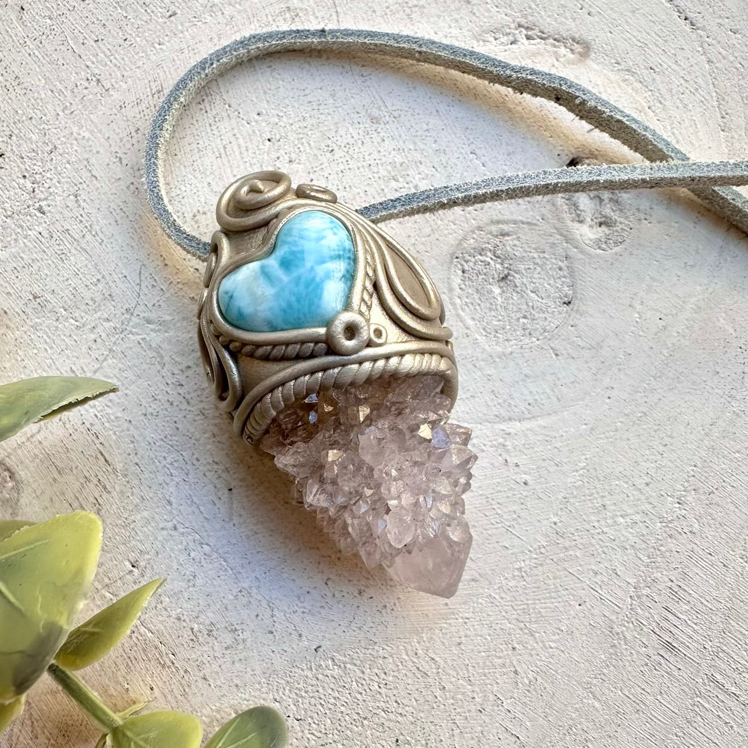 Spirit quartz and larimar heart pendant necklace