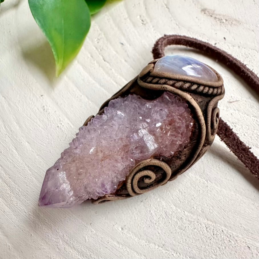Spiritual gemstone necklace featuring Spirit Quartz and Rainbow Moonstone