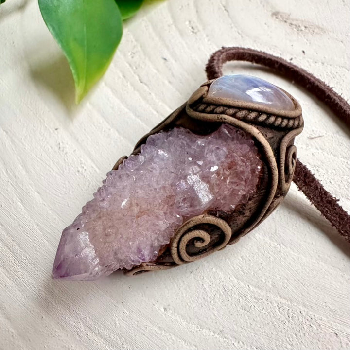 Spiritual gemstone necklace featuring Spirit Quartz and Rainbow Moonstone