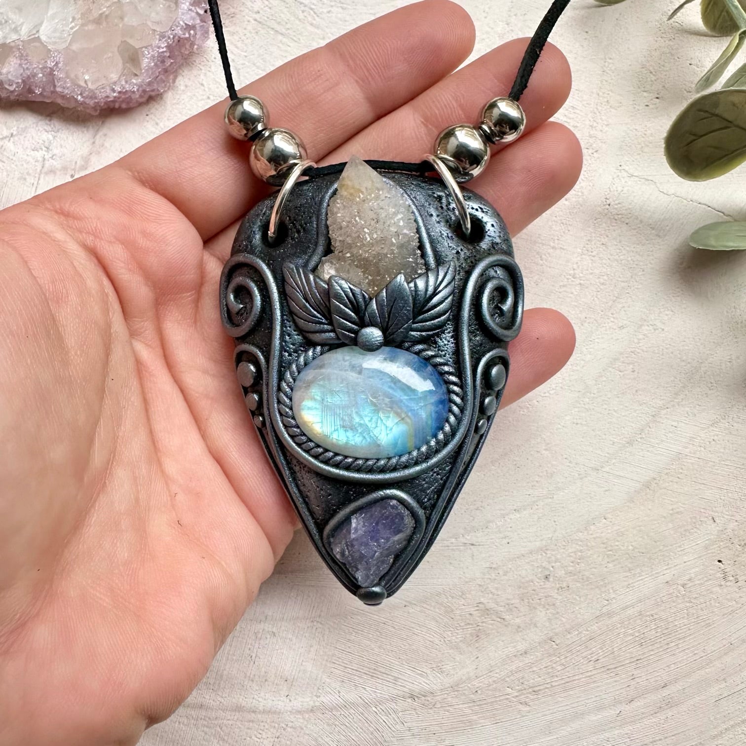 Spirit quartz rainbow moonstone and tanzanite necklace