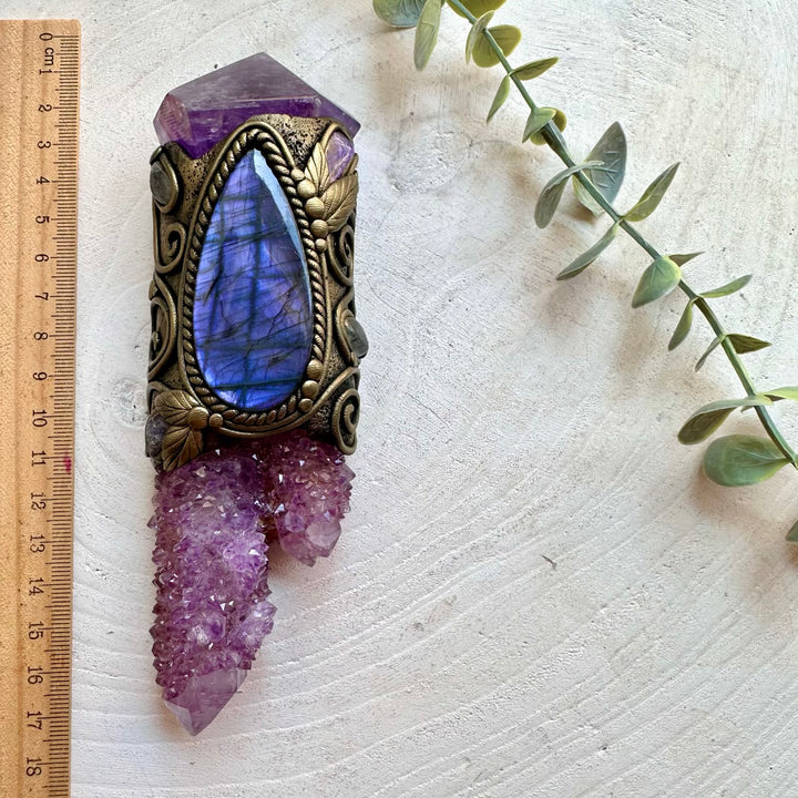 Handmade healing crystal wand with Spirit Quartz, Amethyst, Purple Labradorite, Charoite, Tanzanite and Clear Topaz.