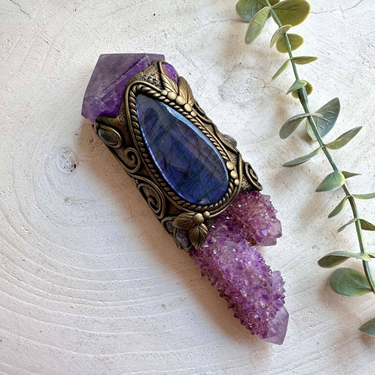 Handmade healing crystal wand featuring Spirit Quartz, Amethyst, Purple Labradorite, Charoite, Tanzanite and Clear Topaz.