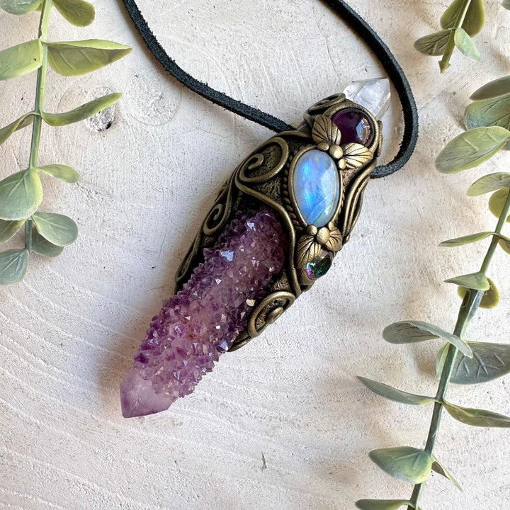 Handmade Long Spirit Quartz wand and pendant necklace featuring Lemurian Seed Quartz, Rainbow Moonstone, Amethyst and Mystic Topaz. A one of a kind healing crystal tool combining striking natural quartz formations with luminous gemstones, created for meditation, energy work, intention setting and spiritual practice.