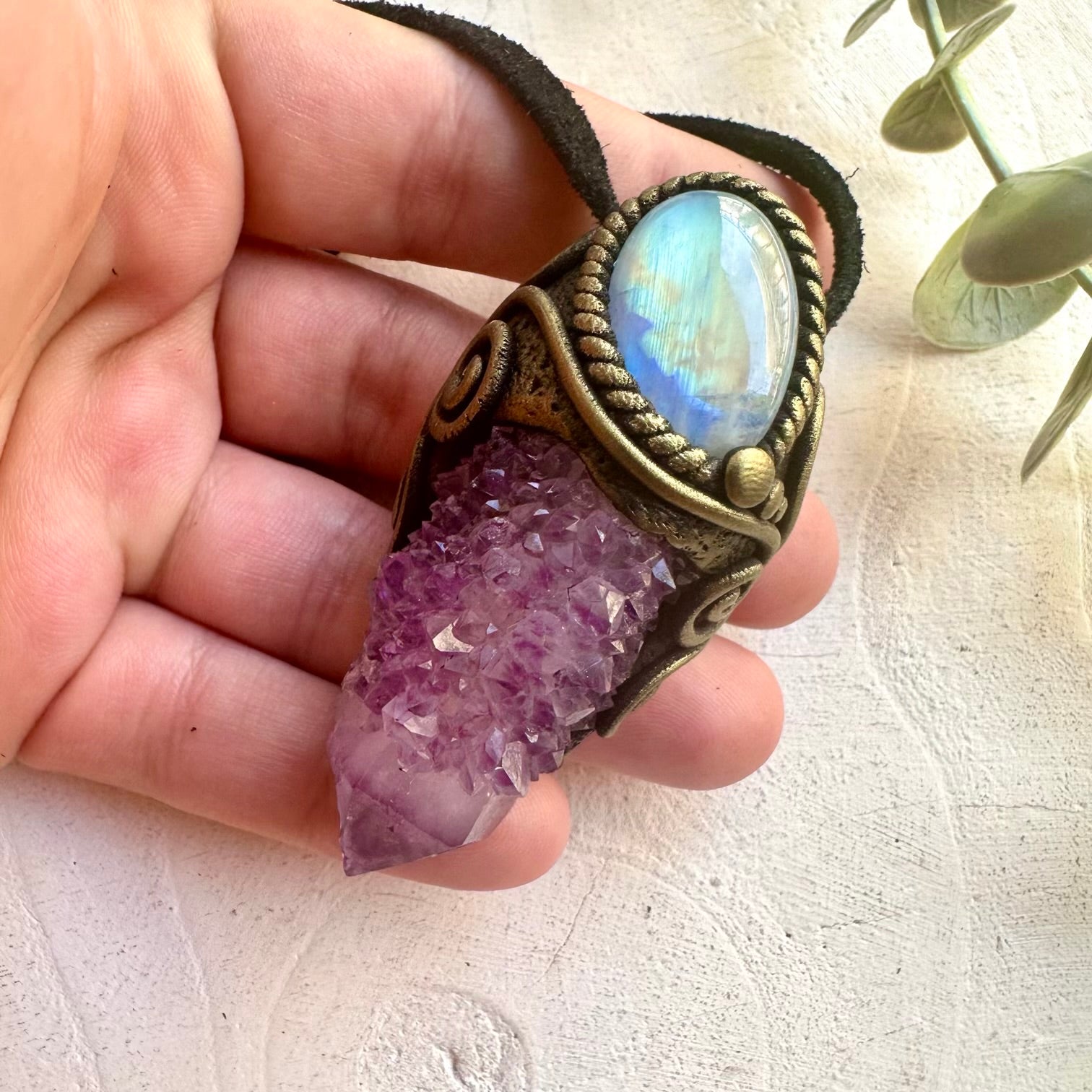 Spirit Quartz and Rainbow Moonstone pendant necklace handmade with authentic natural gemstones.
