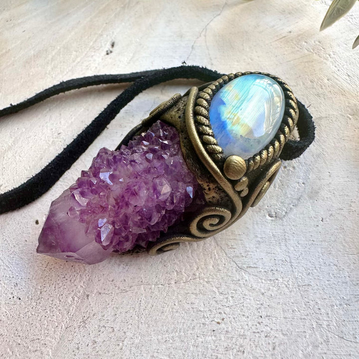 Natural crystal handmade jewelry with Spirit Quartz and Rainbow Moonstone.