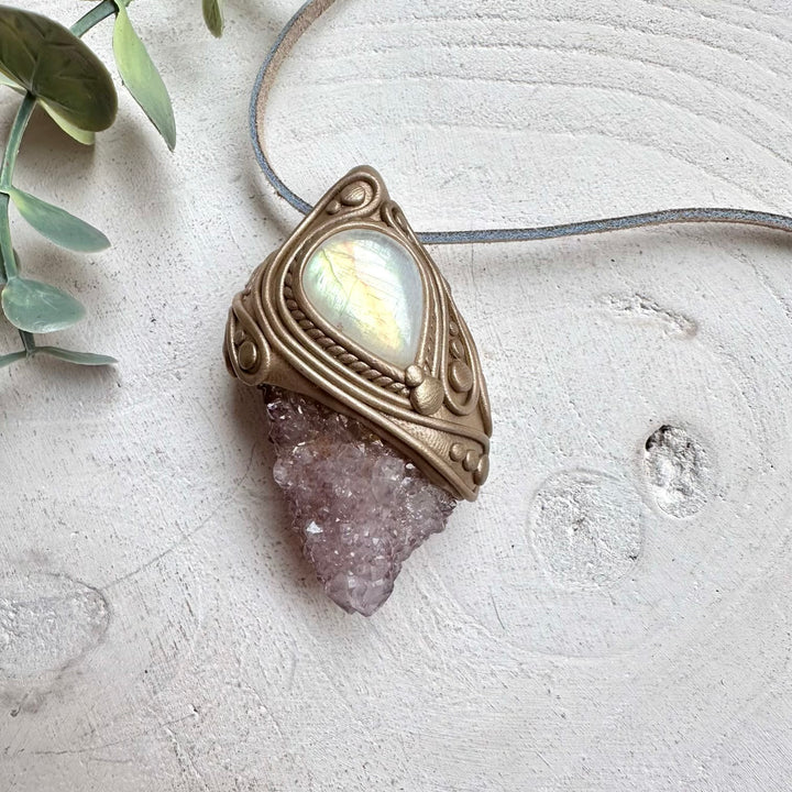 Spirit quartz and rainbow moonstone necklace