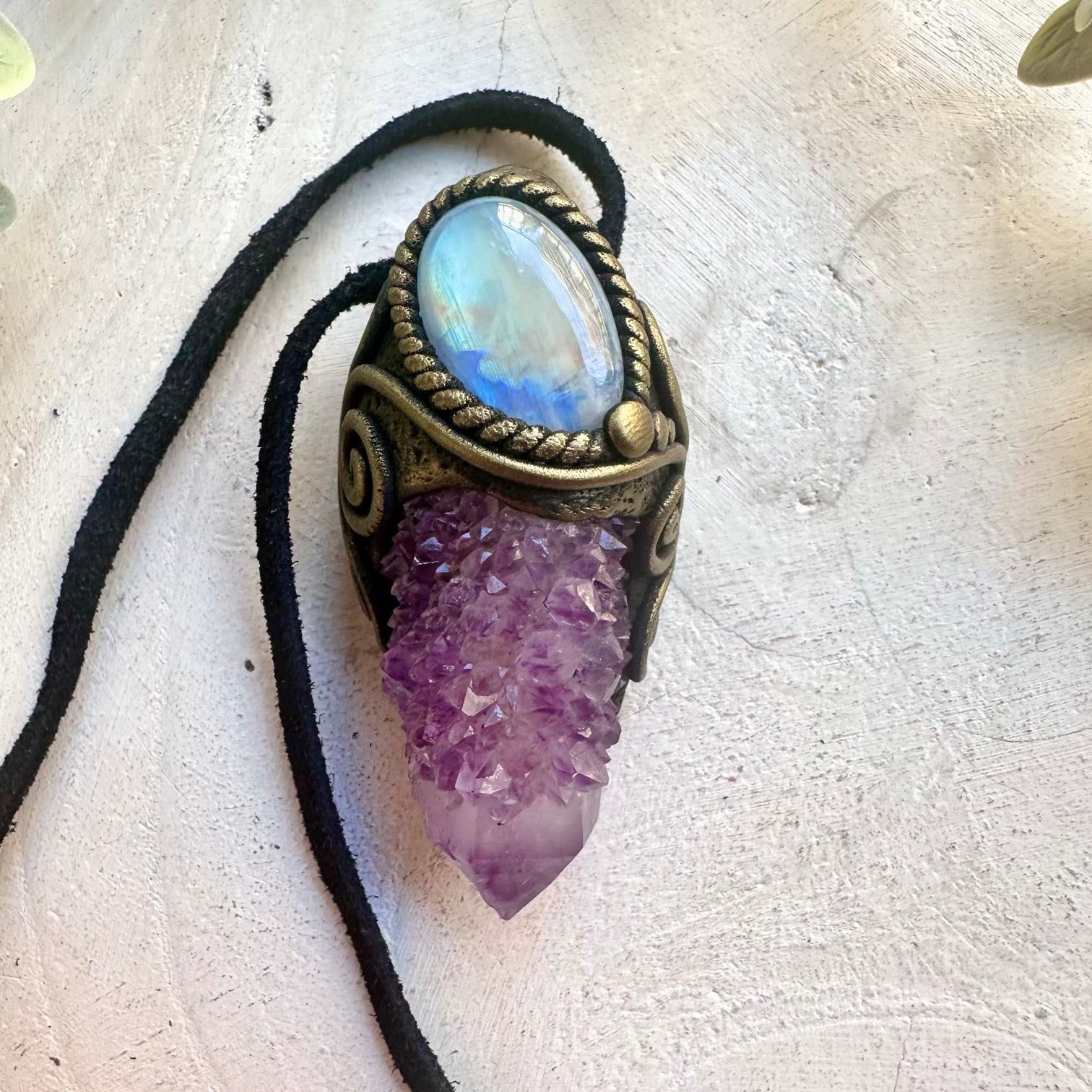 Handmade boho healing crystal necklace featuring Spirit Quartz and Rainbow Moonstone, a unique crystal talisman designed for intuition, spiritual growth, emotional balance, inner harmony and positive energy.
