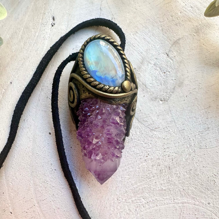 Handmade boho healing crystal necklace featuring Spirit Quartz and Rainbow Moonstone, a unique crystal talisman designed for intuition, spiritual growth, emotional balance, inner harmony and positive energy.