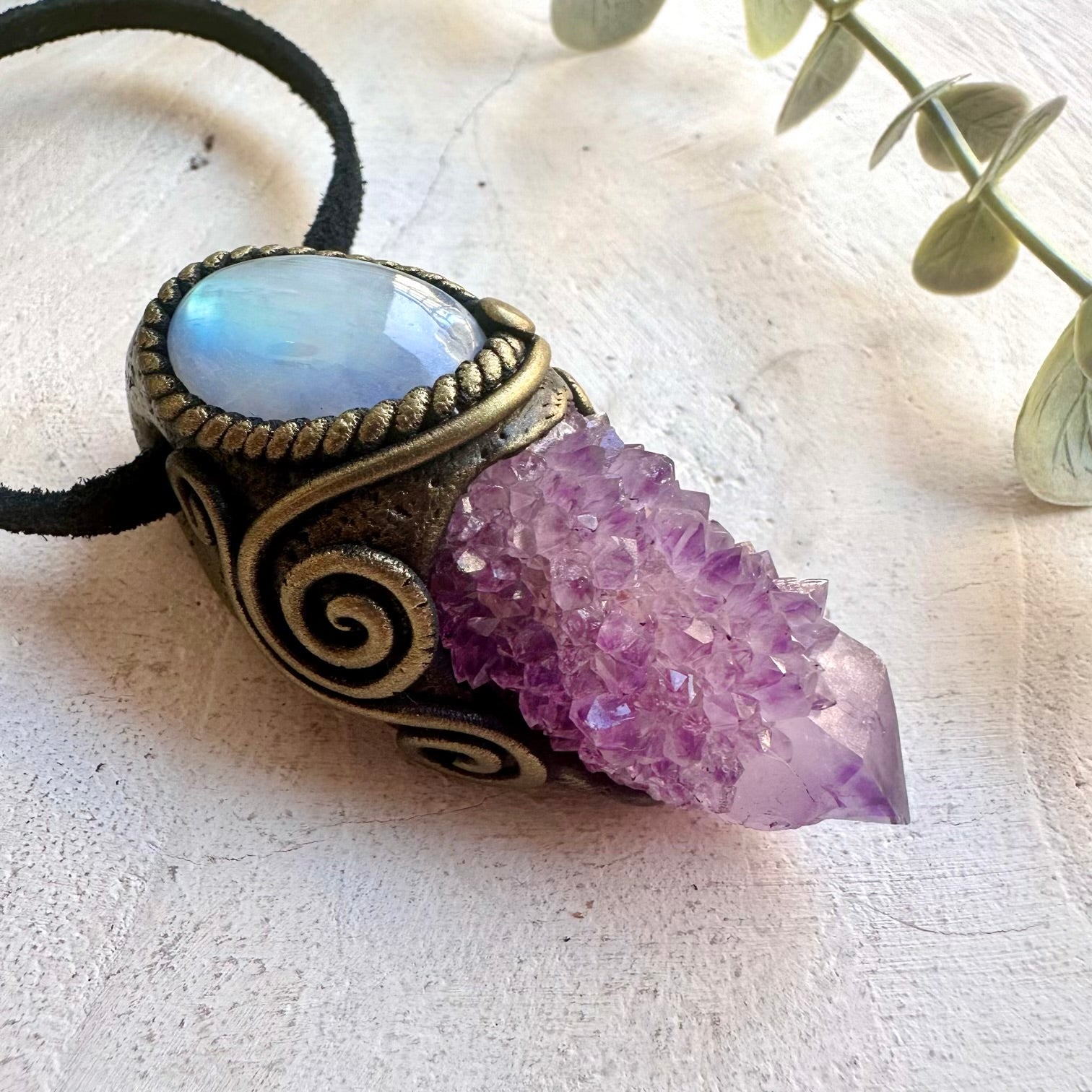 Crystal talisman necklace made with genuine Spirit Quartz and Rainbow Moonstone gemstones.