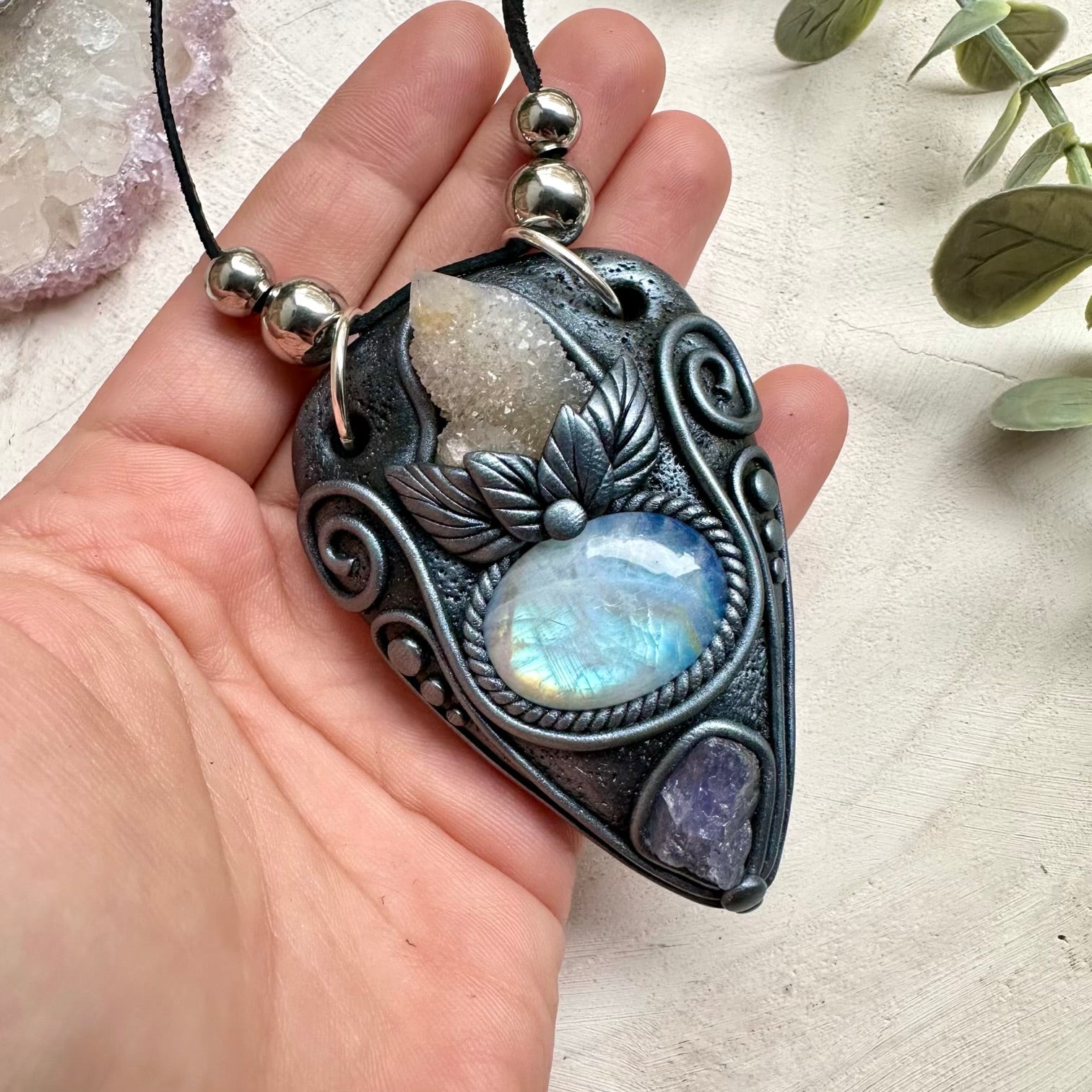 Handmade necklace with spirit quartz moonstone and tanzanite