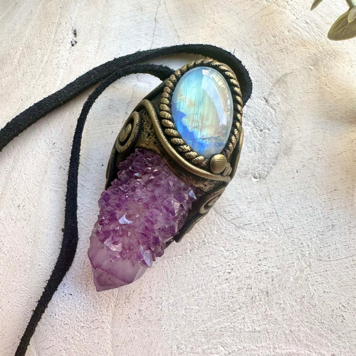Boho gemstone jewelry with Spirit Quartz and Rainbow Moonstone natural healing crystals.