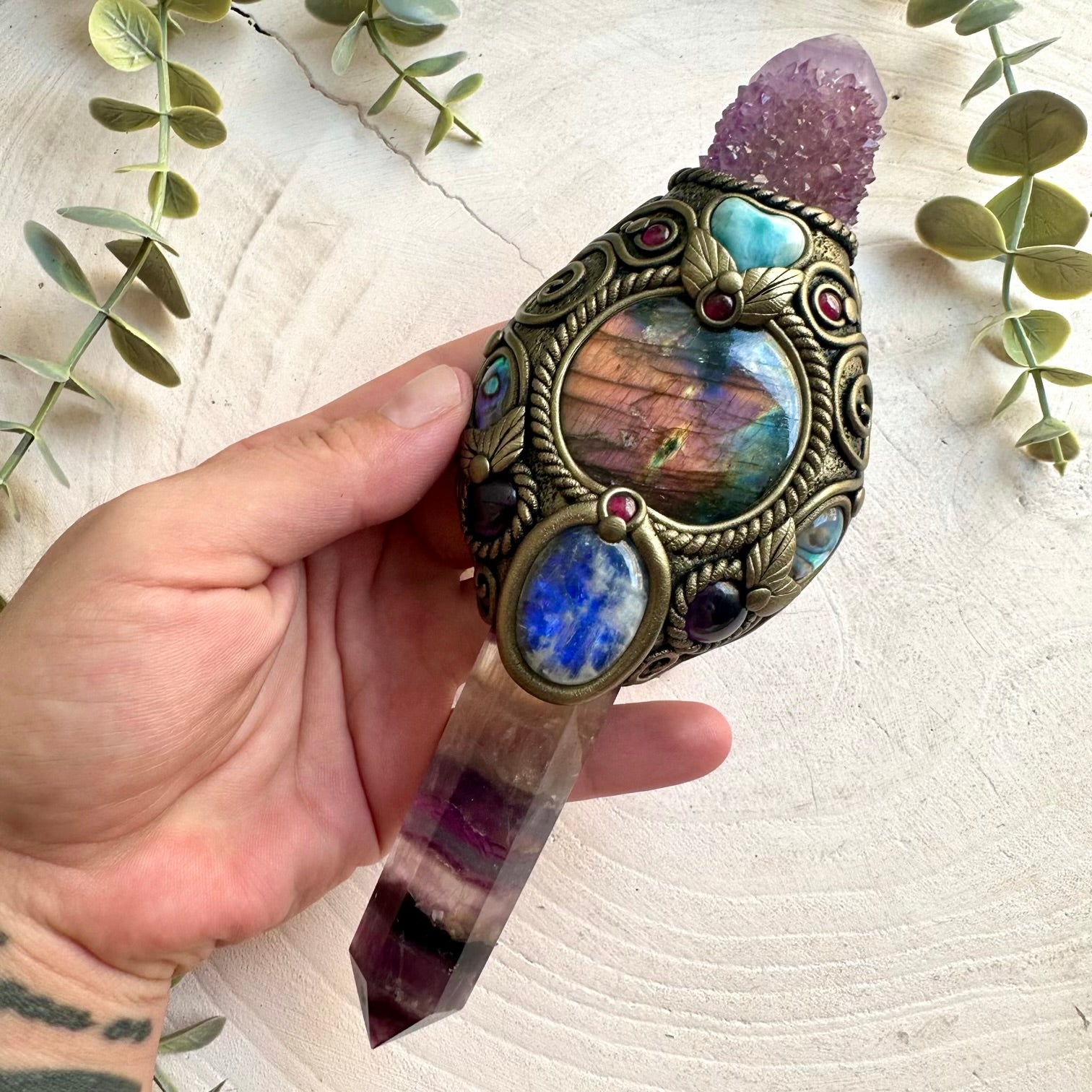 Rainbow Fluorite crystal wand handcrafted with Spirit Quartz, Labradorite, Moonstone, Larimar Heart, Amethyst, Abalone Seashell and Rhodolite Garnet.