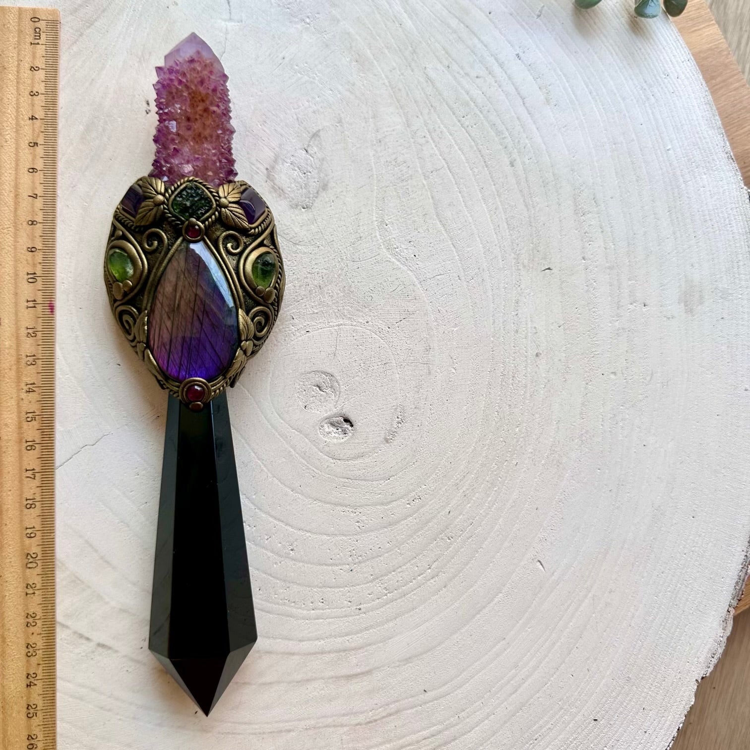Black Obsidian crystal wand handcrafted with Deep Purple Spirit Quartz, Labradorite, Moldavite, Amethyst, Peridot and Rhodolite Garnet.