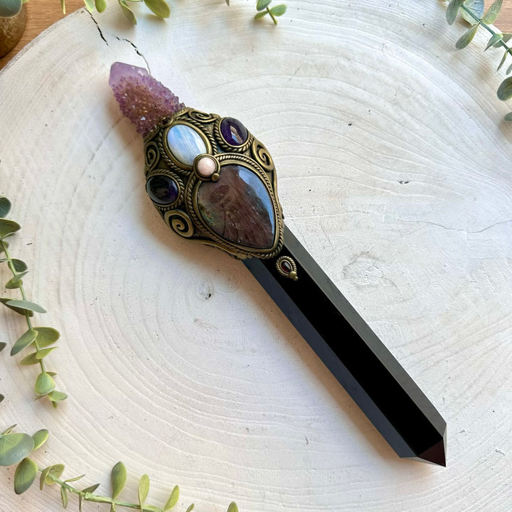 XL energy wand made with genuine Black Obsidian, Labradorite and Rainbow Moonstone crystals.
